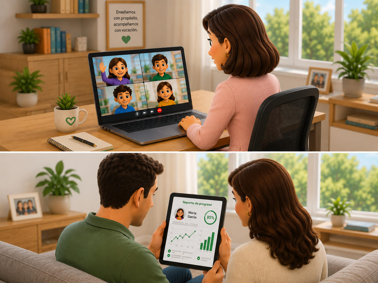 Clases en línea y seguimiento académico para niños Ilustración de clases en línea para niños con acompañamiento educativo y padres revisando reportes de progreso académico desde casa
