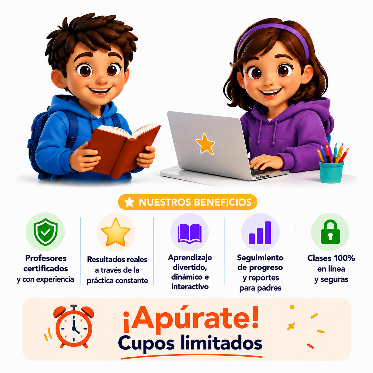 Beneficios de clases de inglés y apoyo escolar para niños Imagen promocional con beneficios de clases de inglés y apoyo escolar en línea para niños, incluyendo grupos pequeños, seguimiento académico y clases seguras desde casa
