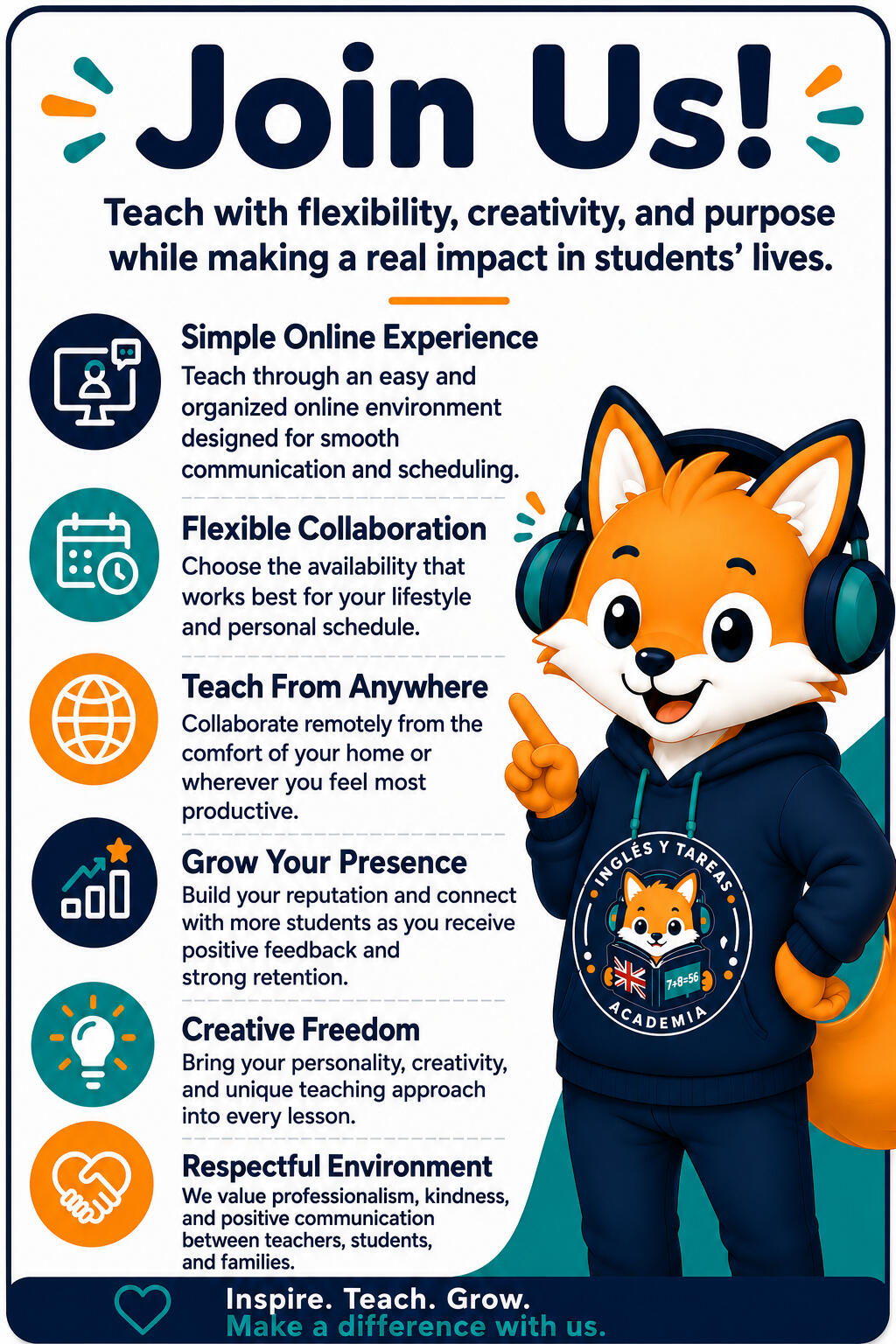 imagen promocional para profesoras que demuestra los beneficios de trabajar con inglés y tareas academia